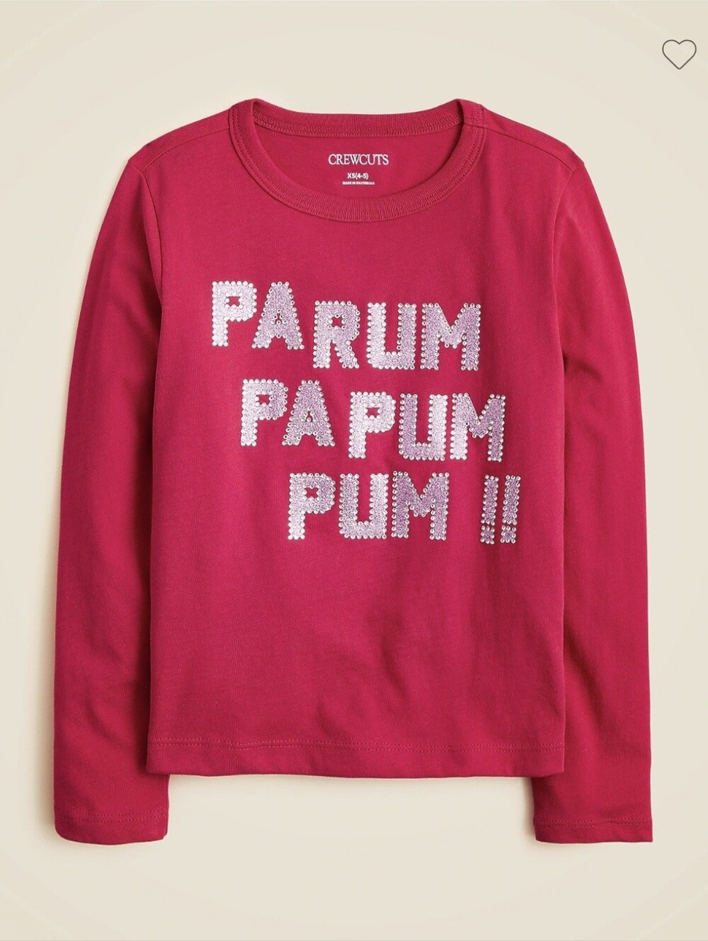 J.Crew long-sleeve "Pa rum pa pum" graphic T-shirt w/embellishments XS (4-5) NWT